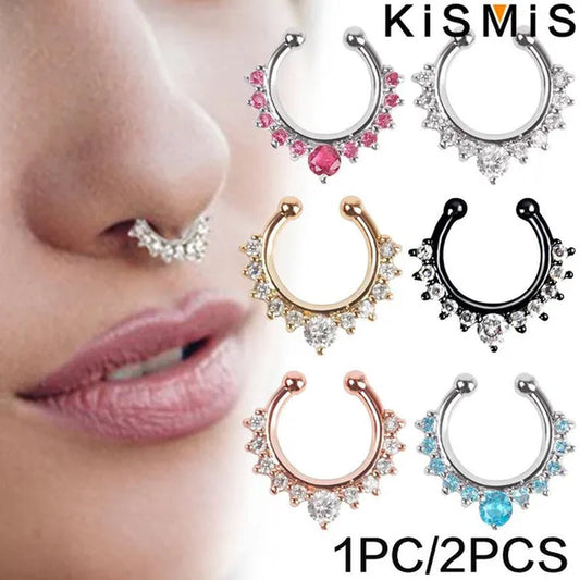 KISMIS 1Pc/2Pcs Fashion Alloy Diamond Nose Rings Lip Ring Sexy Faux Septum Rings Fake Piercing Women Man Unisex Earring