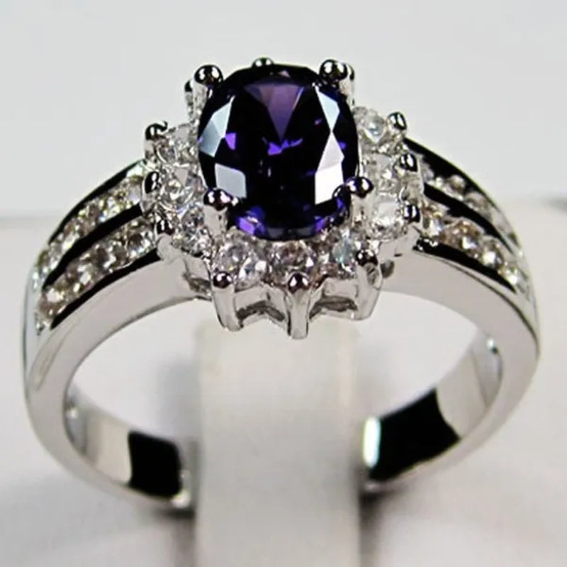 925 Silver Plated Black Sapphire Gemstones Party Ring Women's Fashion Jewelry Size 6-10