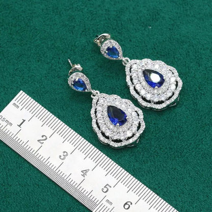 Exquisite Necklace 925 Silver Jewelry Sets for Women Wedding Royal Blue Topaz Earring Ring Pendant Holiday Christmas Gift