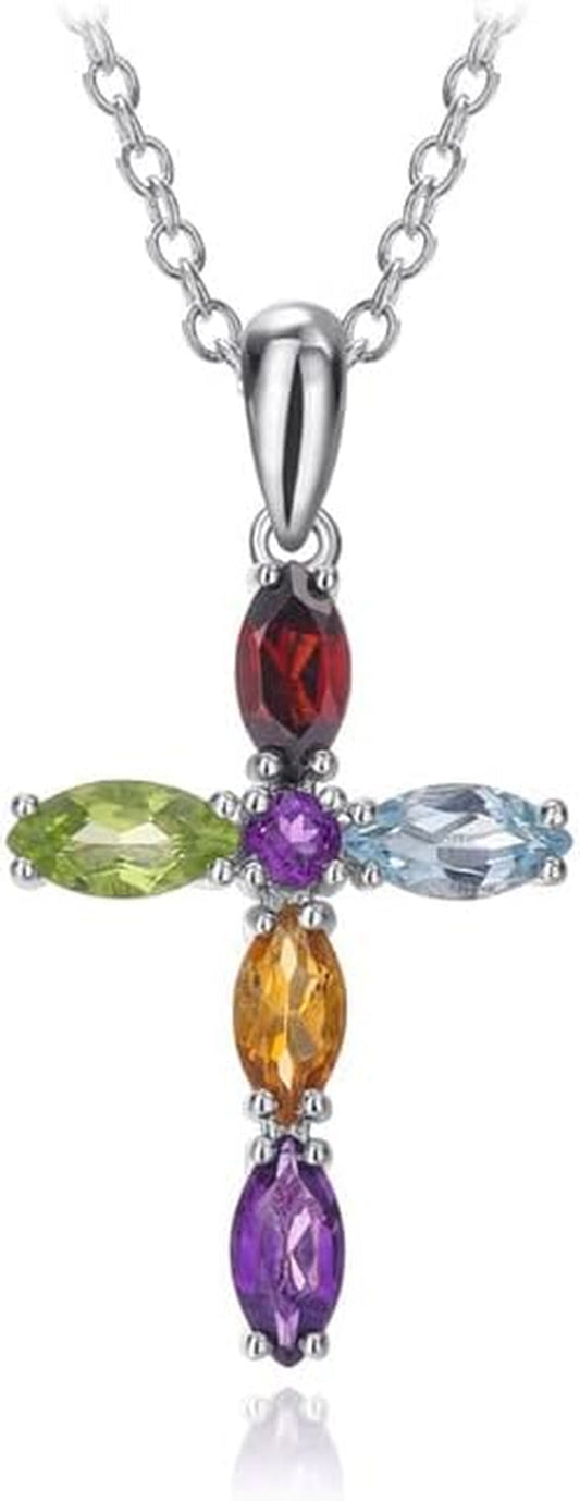 Womens Cross Pendant Necklace 925 Sterling Silver Natural Amethyst Peridot Turquoise Religious Necklace Jewelry