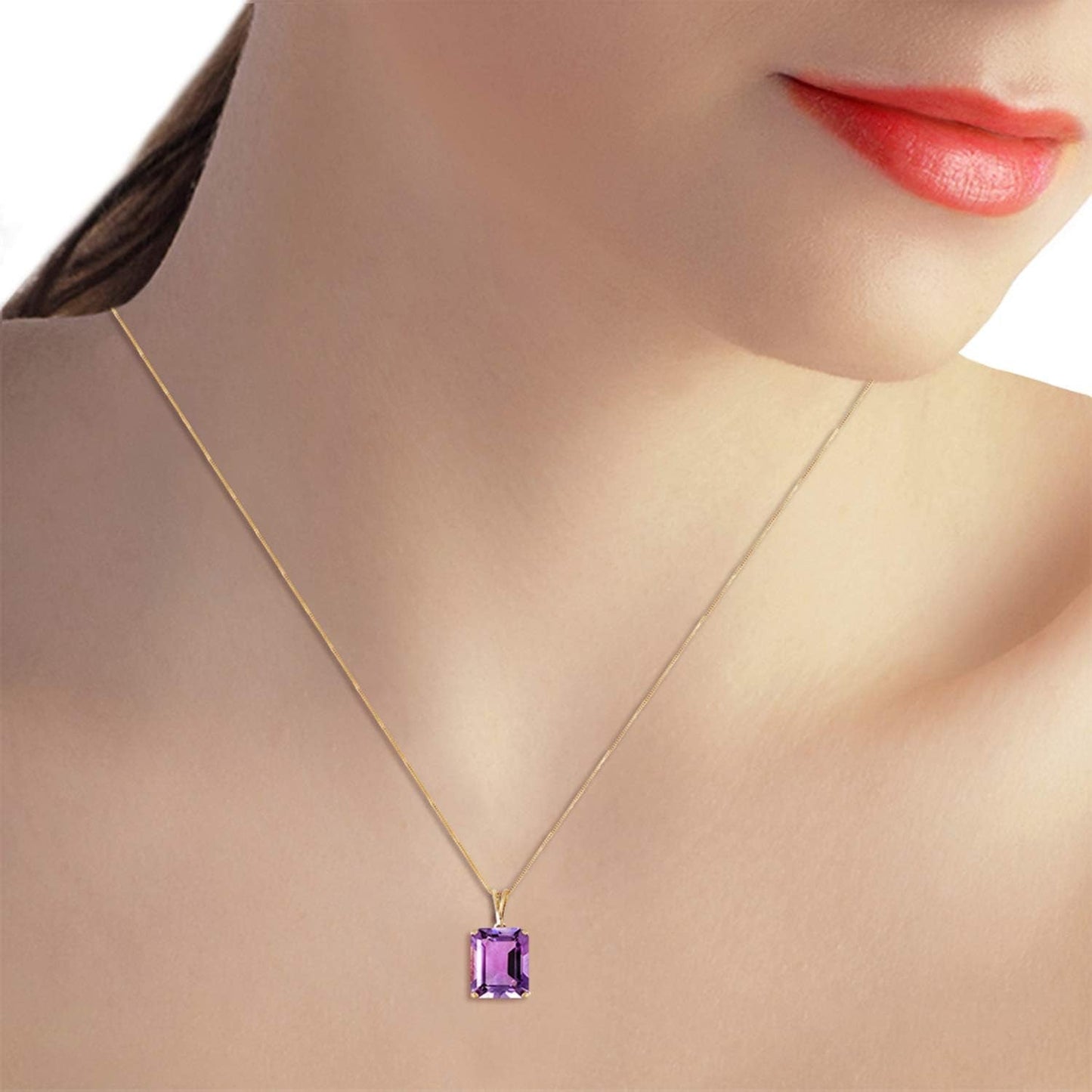 14K Solid Gold Necklace with 6.5 Carat Natural Emerald-Cut Purple Amethyst