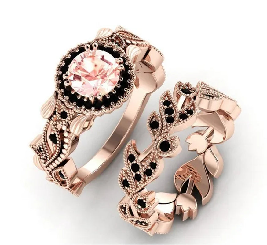 2 Pieces/set of Fashionable and Elegant Flower Vine Ladies Luxury Jewelry  Rose Gold Black Sapphire Diamond Wedding Ring Princess Proposal Anniversary Gift Size 4-11 Bague Femme