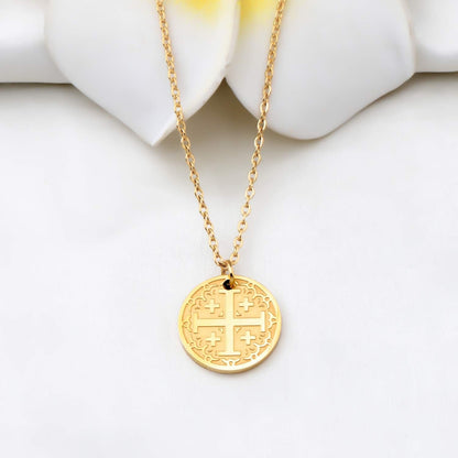 Jerusalem Crusaders Cross Disc Pendant Necklace Religious Jewelry Baptism Gift for Protection