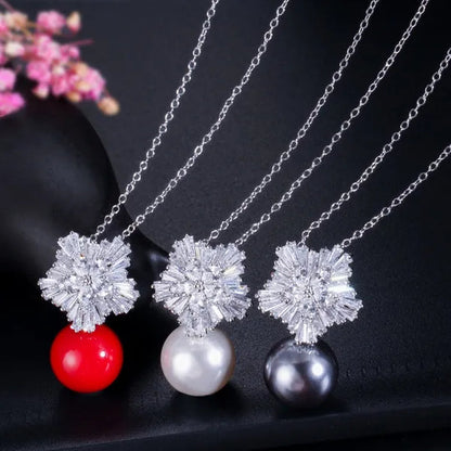 Gloriya High Quality Red Pearl Pendant Necklace Earrings Sets With Sparkling CZ Zirconia Snowflake Christmas Jewelry Set For Women Gifts