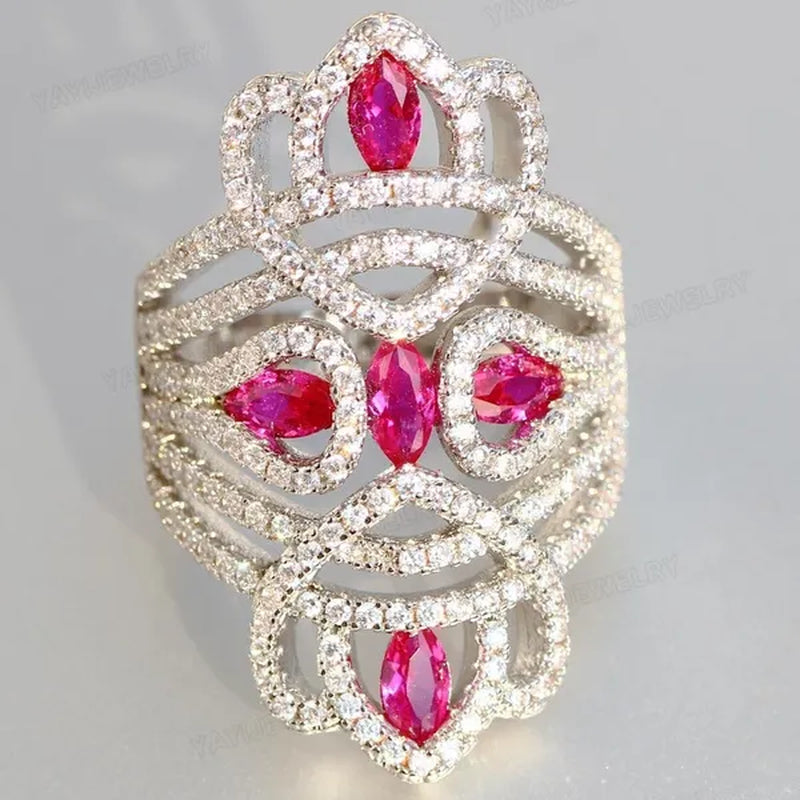 Silver Natural Gemstones White Sapphire & Ruby Ring Birthstone Bride Wedding Engagement Multilayer Princess Cross Ring Size 6 7 8 9 10