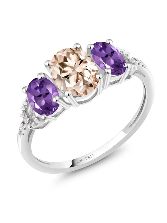 10K White Gold 3-Stone Diamond Engagement Ring 1.57 Ct Oval Peach Morganite Purple Amethyst