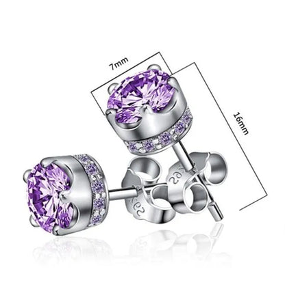 Women Fashion Jewelry 925 Sterling Silver Amethyst Diamond Studs Earrings