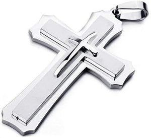 Mens Large Polished Stainless Steel Three Giant Cross Pendant Necklace Silver with 22 Inch Chain