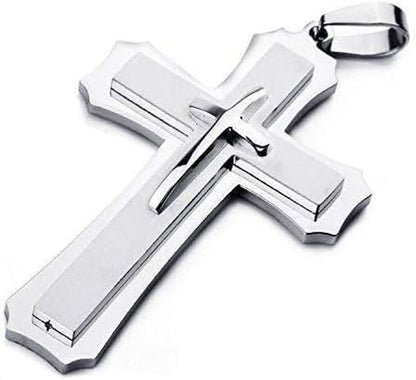 Mens Large Polished Stainless Steel Three Giant Cross Pendant Necklace Silver with 22 Inch Chain