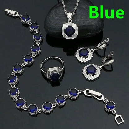 925 Sterling Silver Jewelry Set for Women Natural Green Cubic Zirconia Adjustable Ring Earrings Pendant Chain Bracelet 4PCS