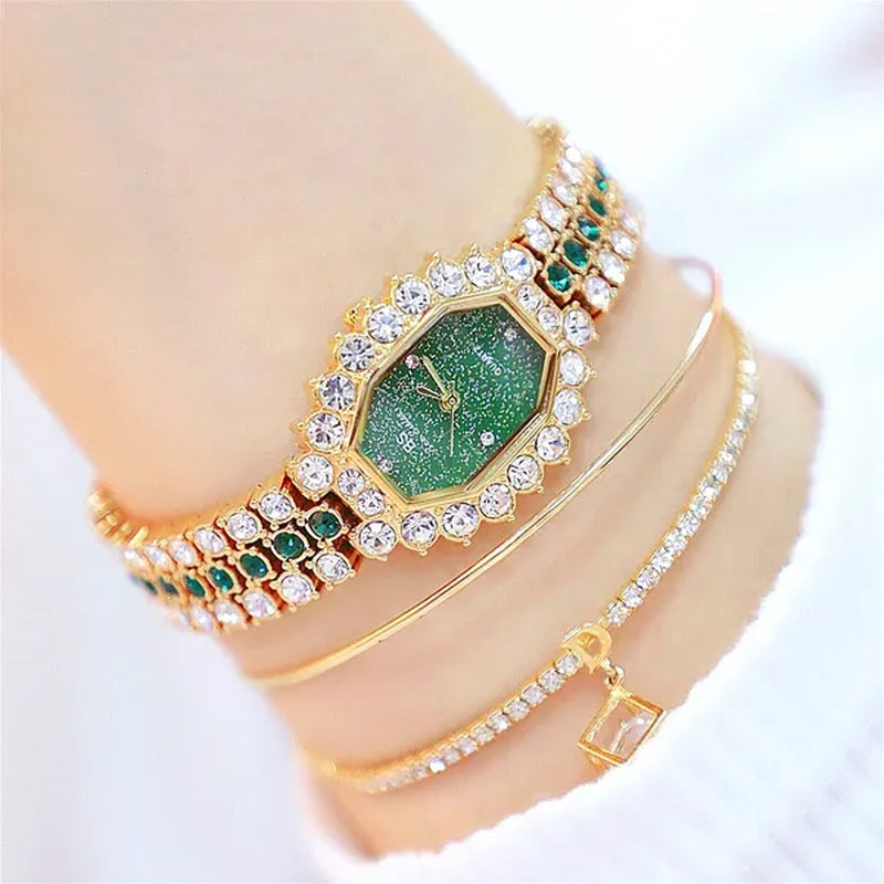 BS Brand Fashion Watches Women Ladies Diamonds Small Bracelet Watch Green Stone Gold Waterproof Montre Femme