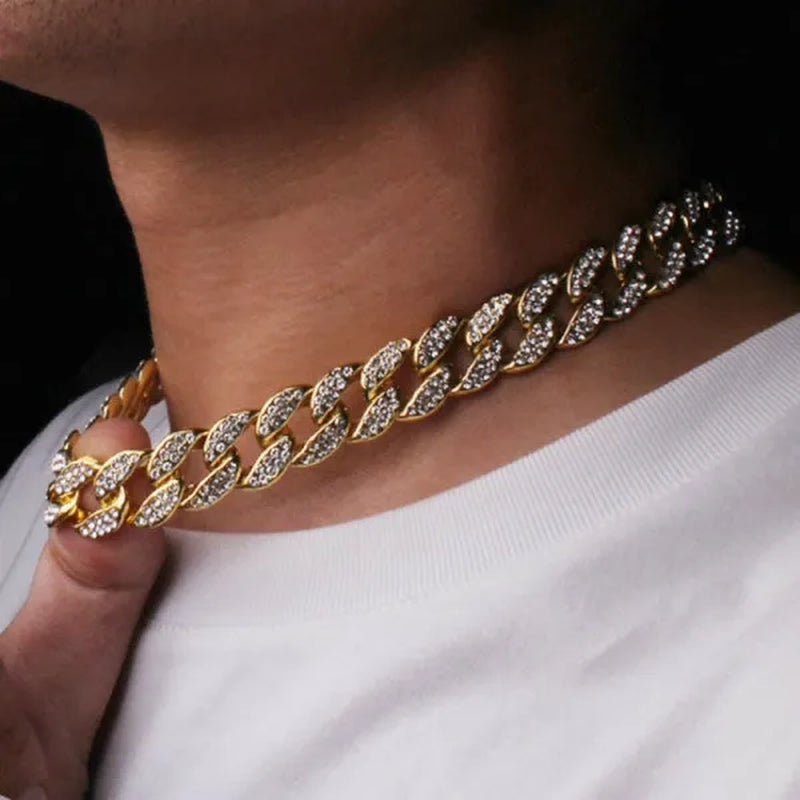 13MM  24K Gold/925 Silver Iced Out BlingBling Diamond Cuban Link Chain Miami Choker Necklace Bracelet Jewelry Set for Fashion Men and Women Hip Hop Jewelry - WORLD TIME VISITS