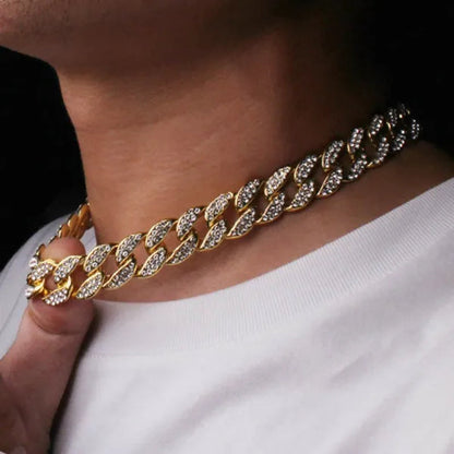 13MM  24K Gold/925 Silver Iced Out BlingBling Diamond Cuban Link Chain Miami Choker Necklace Bracelet Jewelry Set for Fashion Men and Women Hip Hop Jewelry - WORLD TIME VISITS