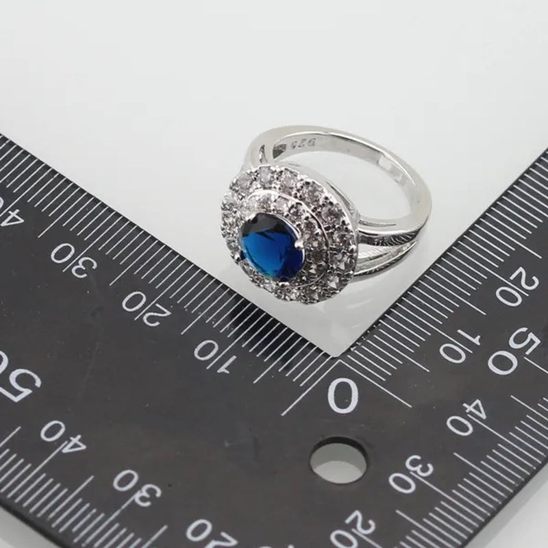 Blue White Topaz Silver Color Jewelry Sets for Women Engagement Necklace Pendant Bracelets Earrings Rings  Gift Box