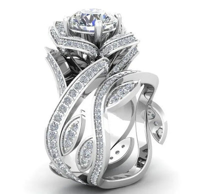 925 Sterling Silver Flower Leaf Round Cut Clear CZ Diamond 4.50CT Wedding Bridal Ring