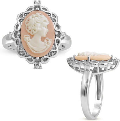 Pink or Blue Agate Cameo Ring in Sterling Silver with round Created White Sapphire