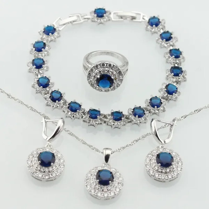 Blue White Topaz Silver Color Jewelry Sets for Women Engagement Necklace Pendant Bracelets Earrings Rings Gift Box
