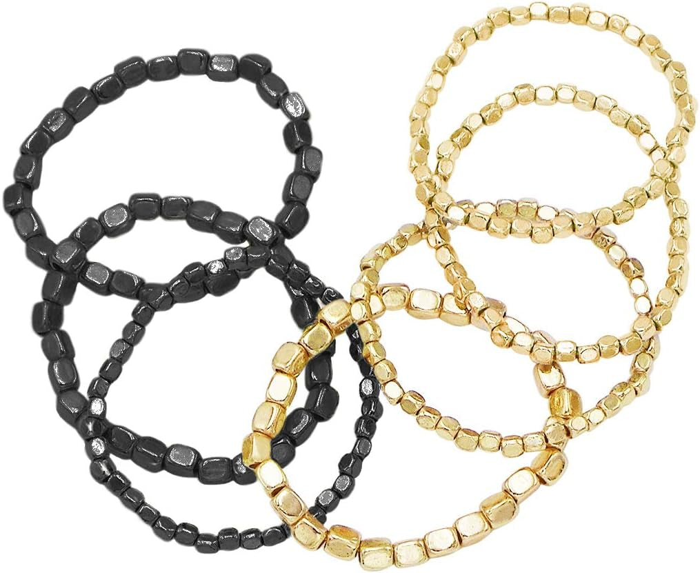 Women'S Fashion Jewelry Statement Gold & Silver Stretch Layering Beaded Bracelets - Chunky Nugget Multi Strand Thick Wrist Bangles - Set of 7