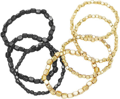 Women'S Fashion Jewelry Statement Gold & Silver Stretch Layering Beaded Bracelets - Chunky Nugget Multi Strand Thick Wrist Bangles - Set of 7
