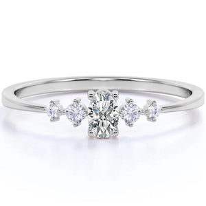 Oval Cut Moissanite and 4 Stone Diamond Fashion Dainty Ring in 10K White Gold