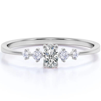 Oval Cut Moissanite and 4 Stone Diamond Fashion Dainty Ring in 10K White Gold
