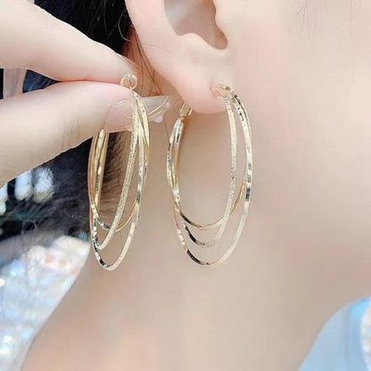 Exquisite Silver Plated Gold Color Three-Layer Circle Exaggerated Simple Earrings Romantic Valentine'S Day Gift Engagement Earrings Wedding Earrings Anniversary Hoop Earrings Women'S European and American Fashion Female Jewelry