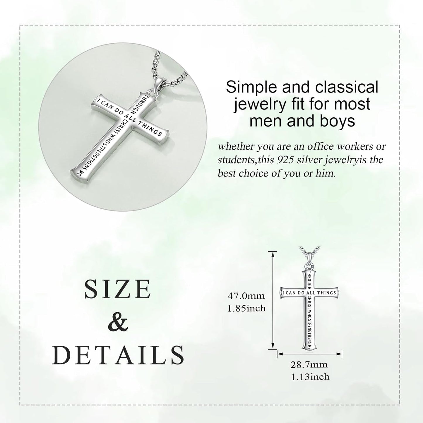 Men'S Cross Necklace Sterling Silver Catholic Faith Cross Pendant Necklace Christian Jewelry Gifts for Men