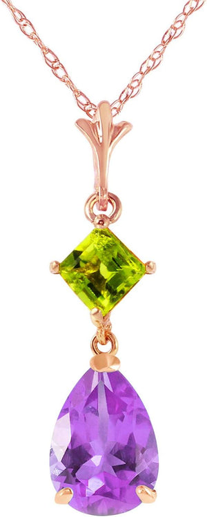 2 Carat 14K Solid Rose Gold Necklace with Natural Amethyst and Natural Peridot Drop Pendant