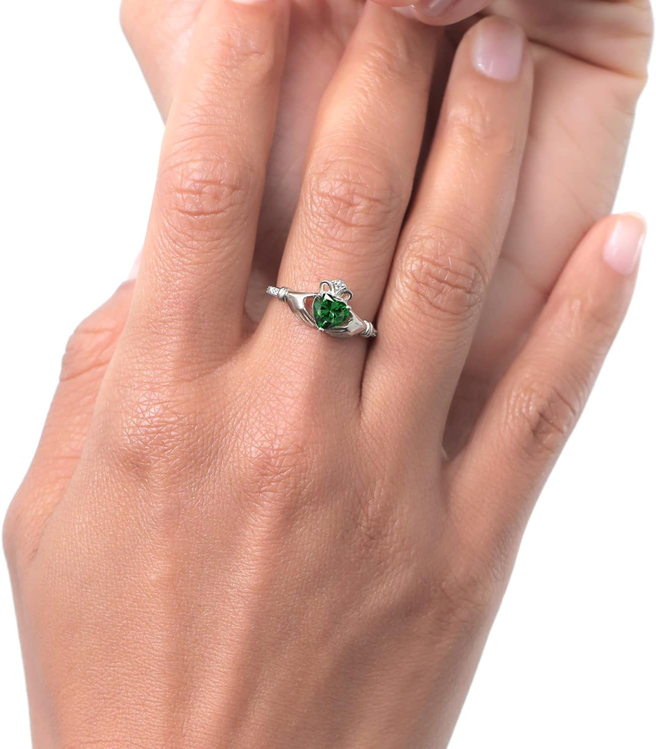 10K White Gold 6MM Heart Shape Gemstone Birthstone and White Diamond Irish Celtic Claddagh Engagement Ring | Gold Ring for Women | Available in Size 5, 6, 7, 8, 9