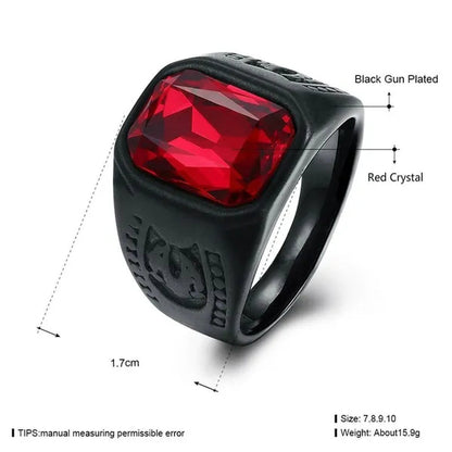 Cool Men Punk Ruby Rings Oval Red Crystal Ring Garnet Black Metal Stainless Steel Ring Fashion Jewelry