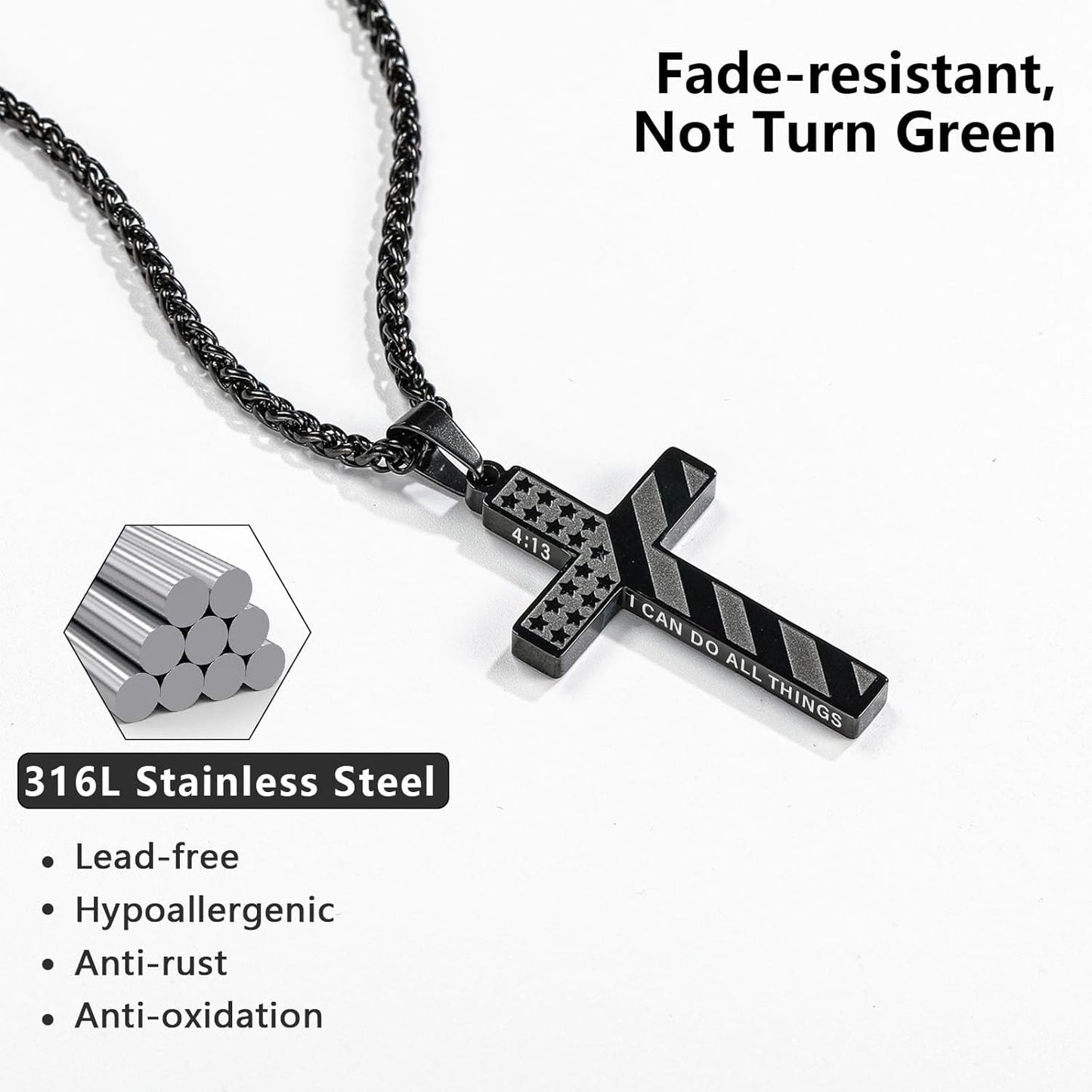 Valentines Day Gifts for Him Cross Necklace for Men Boys, 316L Stainless Steel American Flag Bible Verse Christmas Christian Catholic Baptism Confirmation Gifts 22+2 Inches