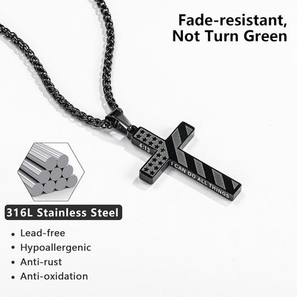 Valentines Day Gifts for Him Cross Necklace for Men Boys, 316L Stainless Steel American Flag Bible Verse Christmas Christian Catholic Baptism Confirmation Gifts 22+2 Inches