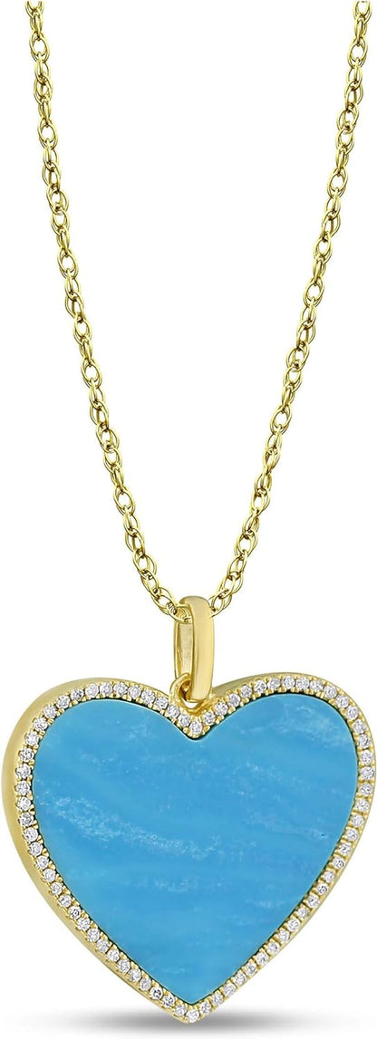 1/6 Carat Diamond and Turquoise or Blue Lapis Heart Pendant Necklace for Women in 14K White and Yellow Gold on 18 Inch Chain (H-I, I1-I2, Cttw) Spring Ring