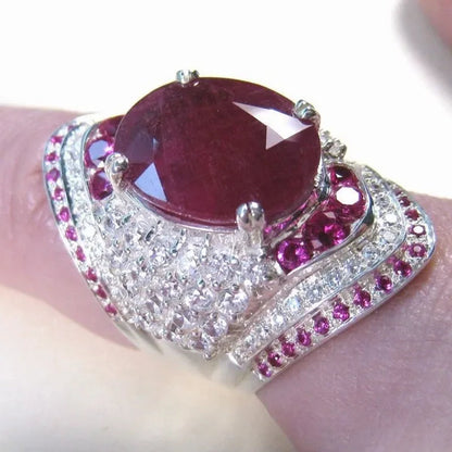 Women Ruby Gemstone 925 Silver Plated Wedding Engagement Ring Jewelry Gifts
