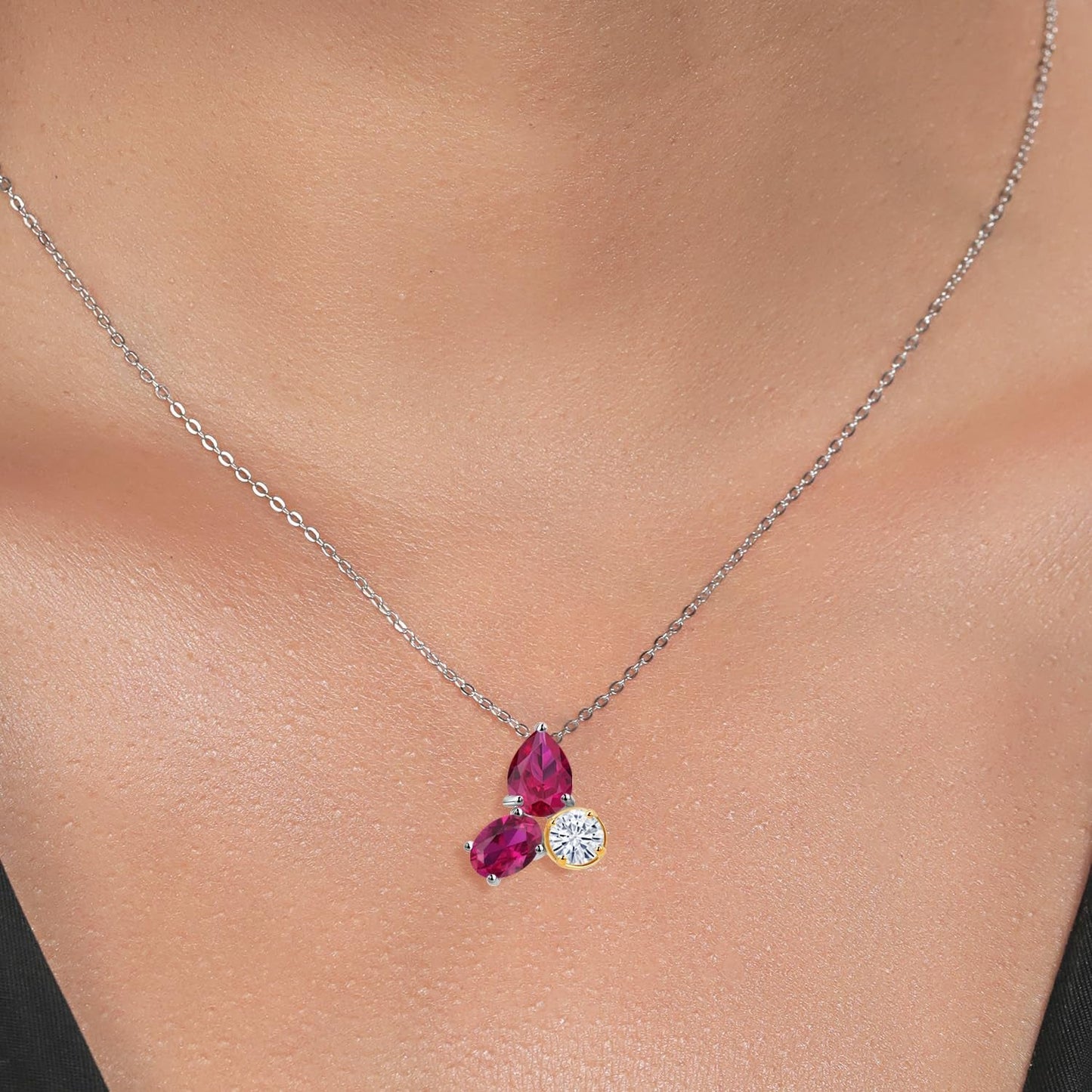 925 Silver and 10K Yellow Gold Created Ruby and Moissanite 3 Stone Pendant Necklace for Women | 2.60 Cttw | Gemstone July Birthstone | Pear Shape 8X6MM | Oval 7X5MM | round 5MM | with 18 Inch Chain