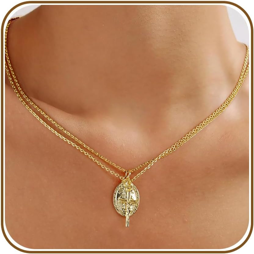 Gold Cross Necklaces for Women, Crucifix Necklaces, Dainty Virgin Mary Necklace, Virgen De Guadalupe, Layered Pendants Chain Non Tarnish