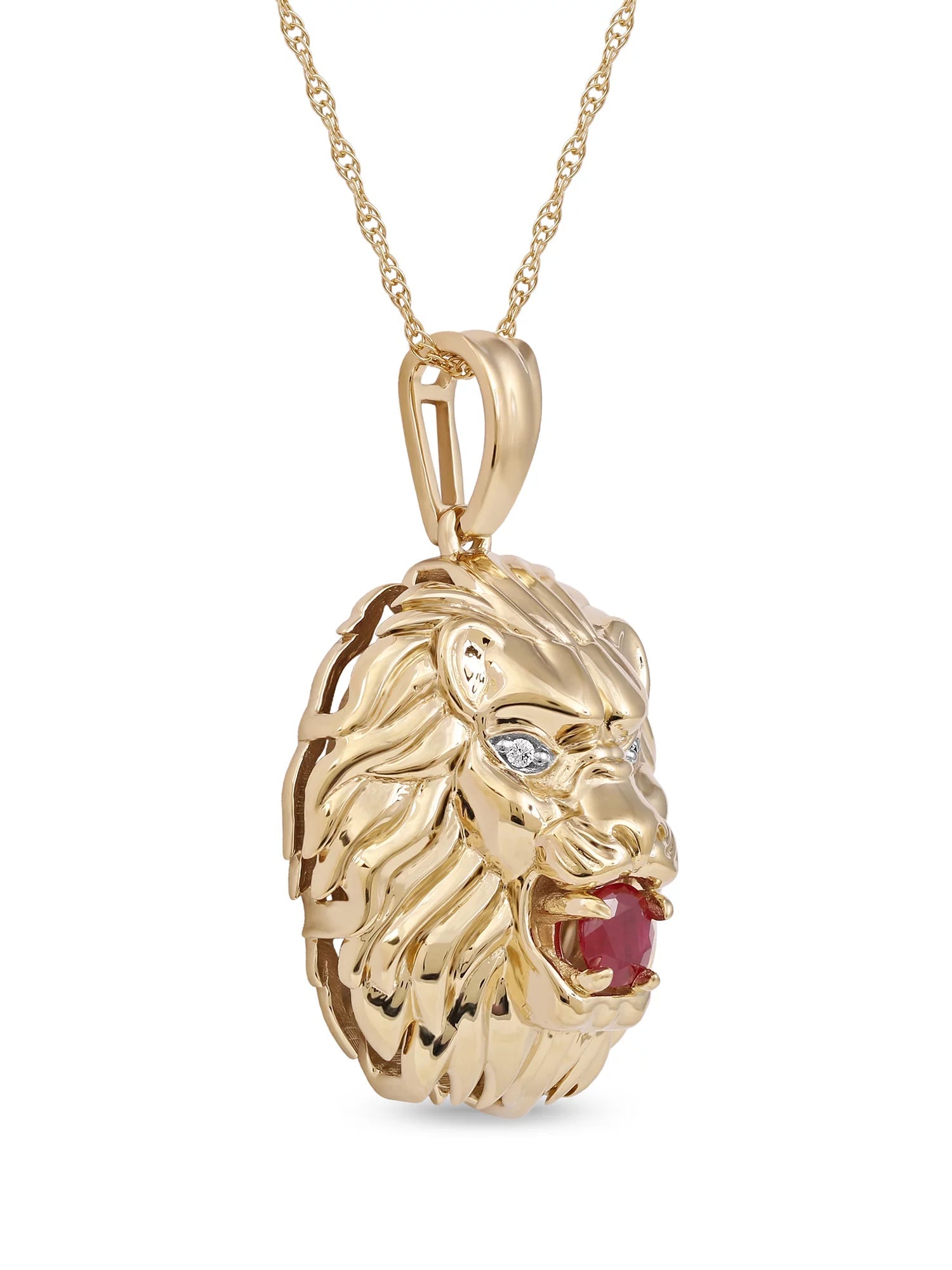 Gemstone 10K Yellow Gold round Cut Ruby Lion Head Men'S Fashion Necklace