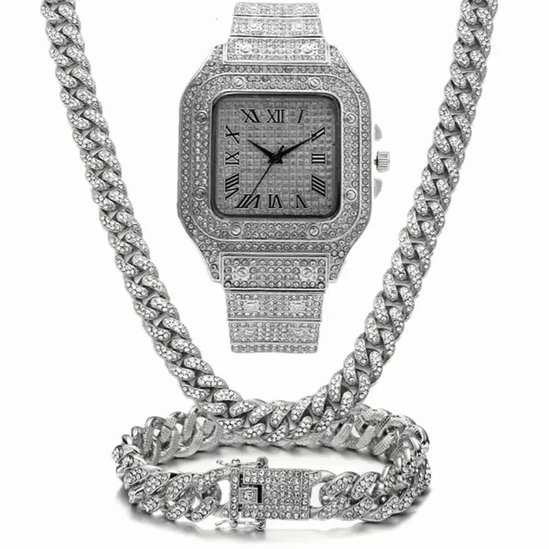 24K Gold / 925 Silver / Rose Gold Stainless Steel Hip Hop Jewelry Iced Out Diamond Thick Miami Cuban Link Chain Necklace Bracelet Watch for Men'S and Women'S Party Jewelry Set Nightclub Bar Fashion Accessories