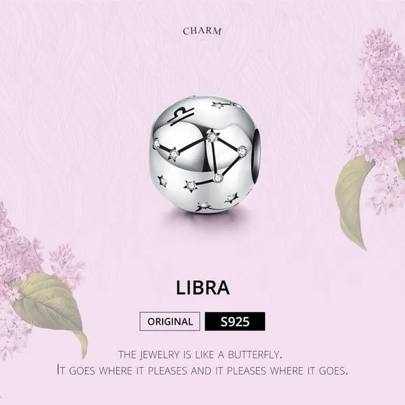 European Hot 12 Constellation Zodiac Round 925 Sterling Silver Beads Charm for Women Bracelet  Shining CZ Charm Fit Original Bangle Necklace DIY Jewelry Making