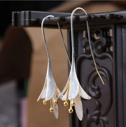 2020 Elegant Women Vintage Orchid Shape Long Hook 925 Sterling Silver Earrings Socialite Eardrop Jewelry Gift