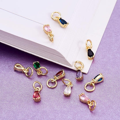 20Pcs Cubic Zirconia Mini Rhinestone Charms Brass Pave CZ Water Drop Extender End Charms Colorful 18K Gold Faceted Dangle Teardrop Birthstone Pendant Bulk with Loop for Jewelry Making 8X3Mm