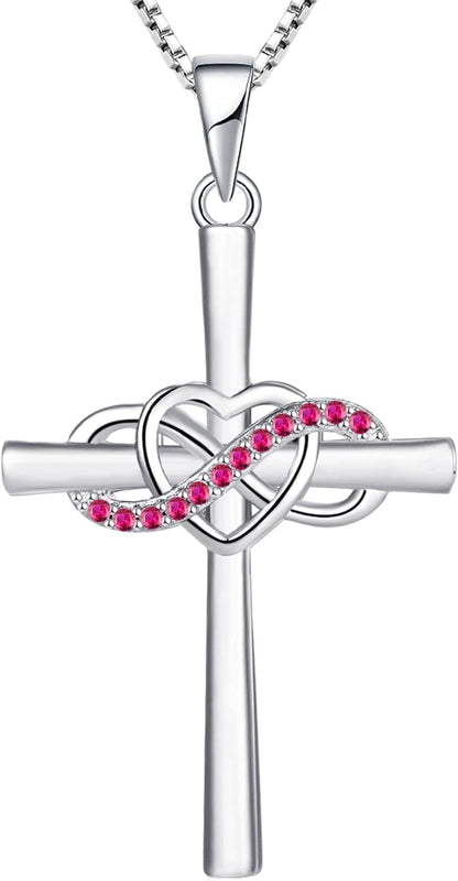 Cross Necklace Sterling Silver Infinity Heart Crucifix Pendant Gemstones Criss Jewelry for Women