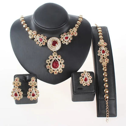 Fine Wedding Accessories African Beads Jewelry Sets Ruby Colorful Crystal Gold Plated Bridal Necklace Set