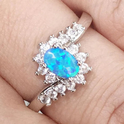 Exquisite  Silver Natural Sapphire Gemstones Opal Birthstone Bride Princess Wedding Engagement Strange Ring Size 6 7 8 9 10