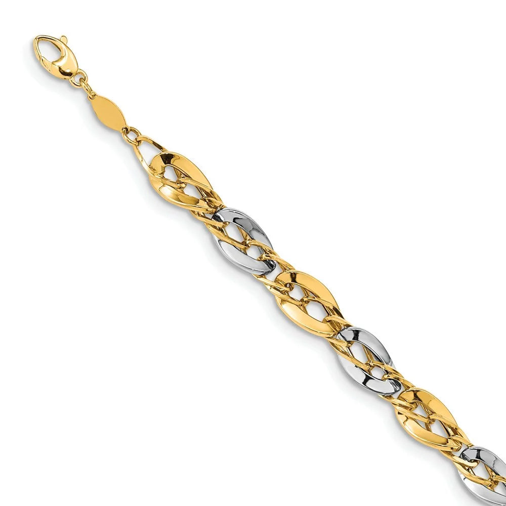 8.25Mm 14K Two Tone Gold Polished Fancy Double Curb Link Bracelet 8 Inch Jewelry for Women