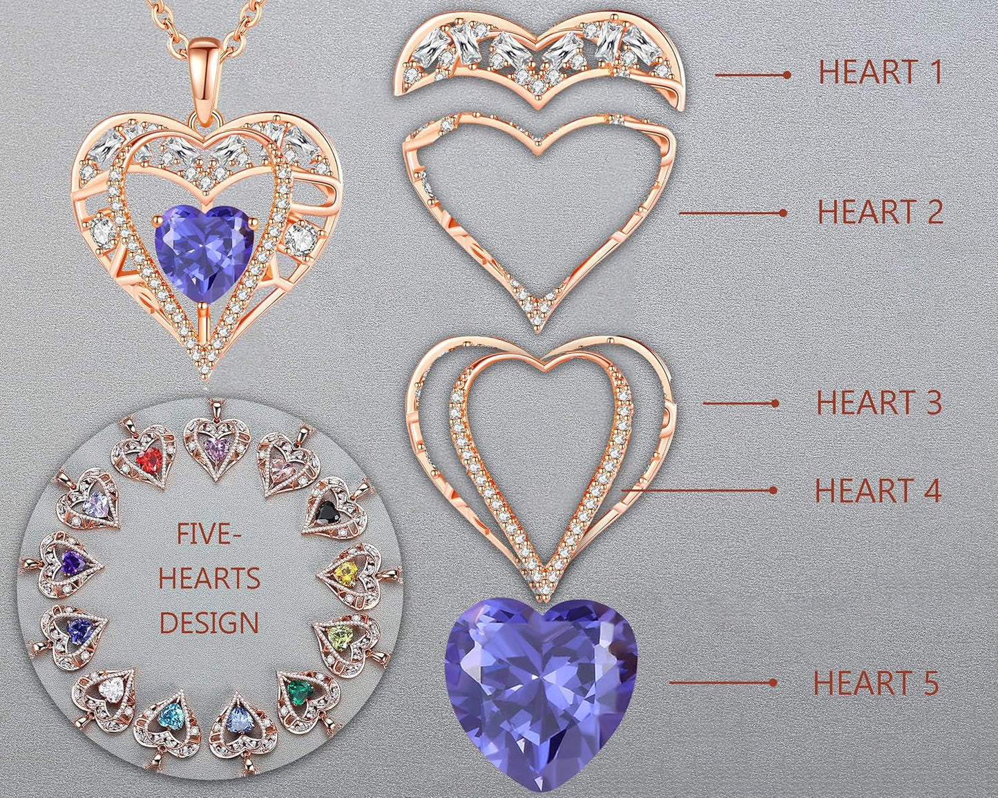 5 Heart Crystal Necklace 18K Rose Gold Plated - Pendant with 18”+2” 925 Sterling Silver Chain - Birthstone Jewelry for Women and Girls - Gift for Birthday, Christmas
