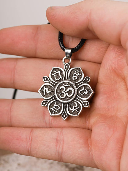 Mandala Flower of Life Necklace, Buddhist Lotus Flower Om Mandala Pendant, Faux Leather Cord