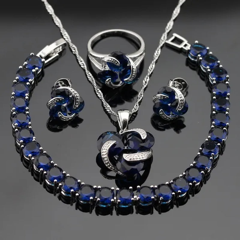 Delightful 925 Sliver Jewelry Sets Blue Zircon Necklace Pendant Earring Ring Bracelet for Women Dating Gift
