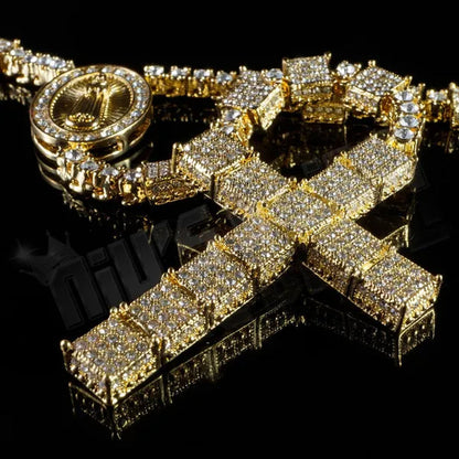 Men'S 14K Gold CZ Iced Simulated Diamonds ROSARY SQUARE Jesus Cross Pendant 30" Chain Necklace