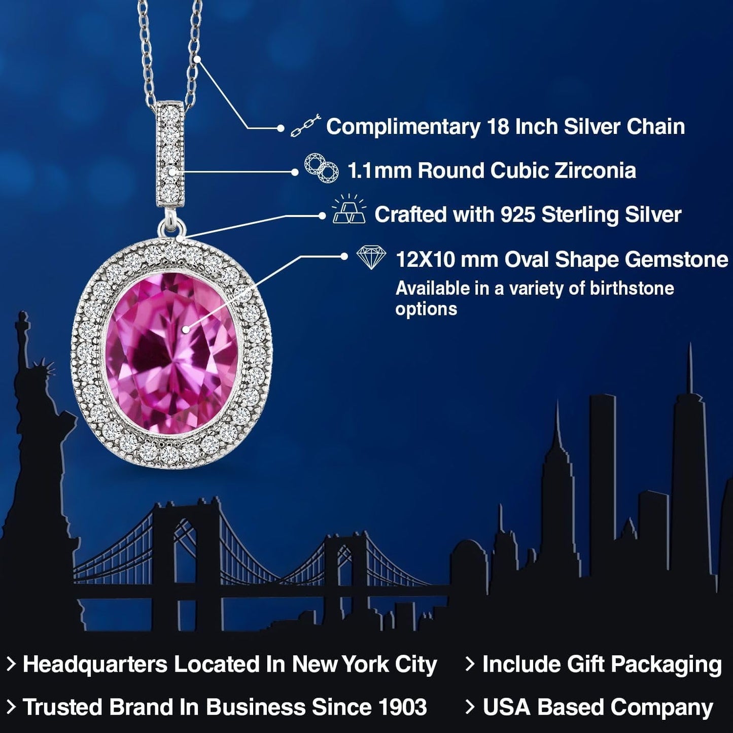 925 Sterling Silver Oval Gemstone Birthstone Halo Necklace for Women | Oval 12X10MM | Halo Pendant Necklace for Women | with 18 Inch Silver Chain